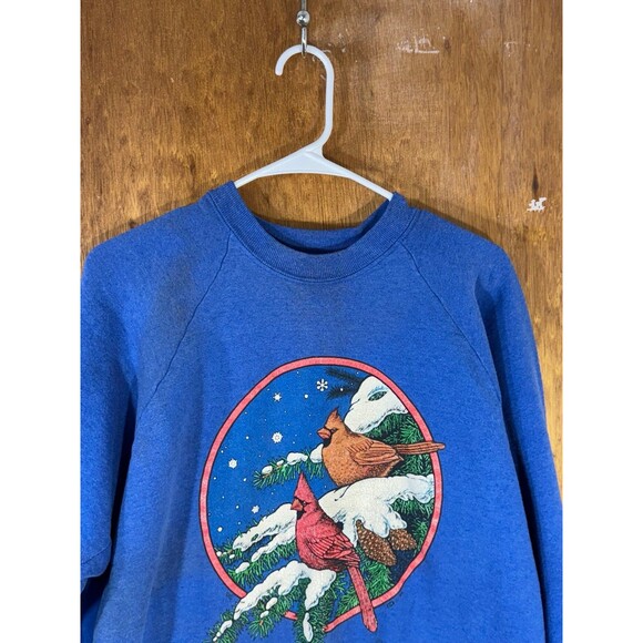 Vintage Cardinals‎ Birds Winter Christmas Nature Crewneck Sweater XL USA Blue - Picture 2 of 9